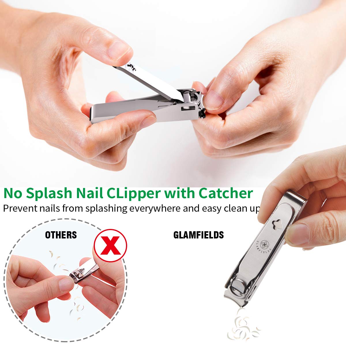 GLAMFIELDS Nail Clipper with Catcher, No Splash Fingernail Toenail Clipper  Stainless Steel Nail Cutter Nail Trimmer, Good Gift for Men and Women